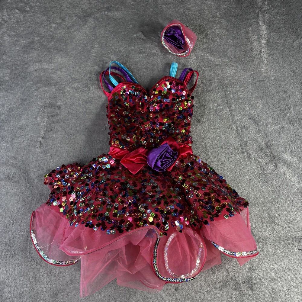 Weissman Dance Costume Girls XS Pink Sequin Tutu‎ Dress Rainbow Straps Headpiece